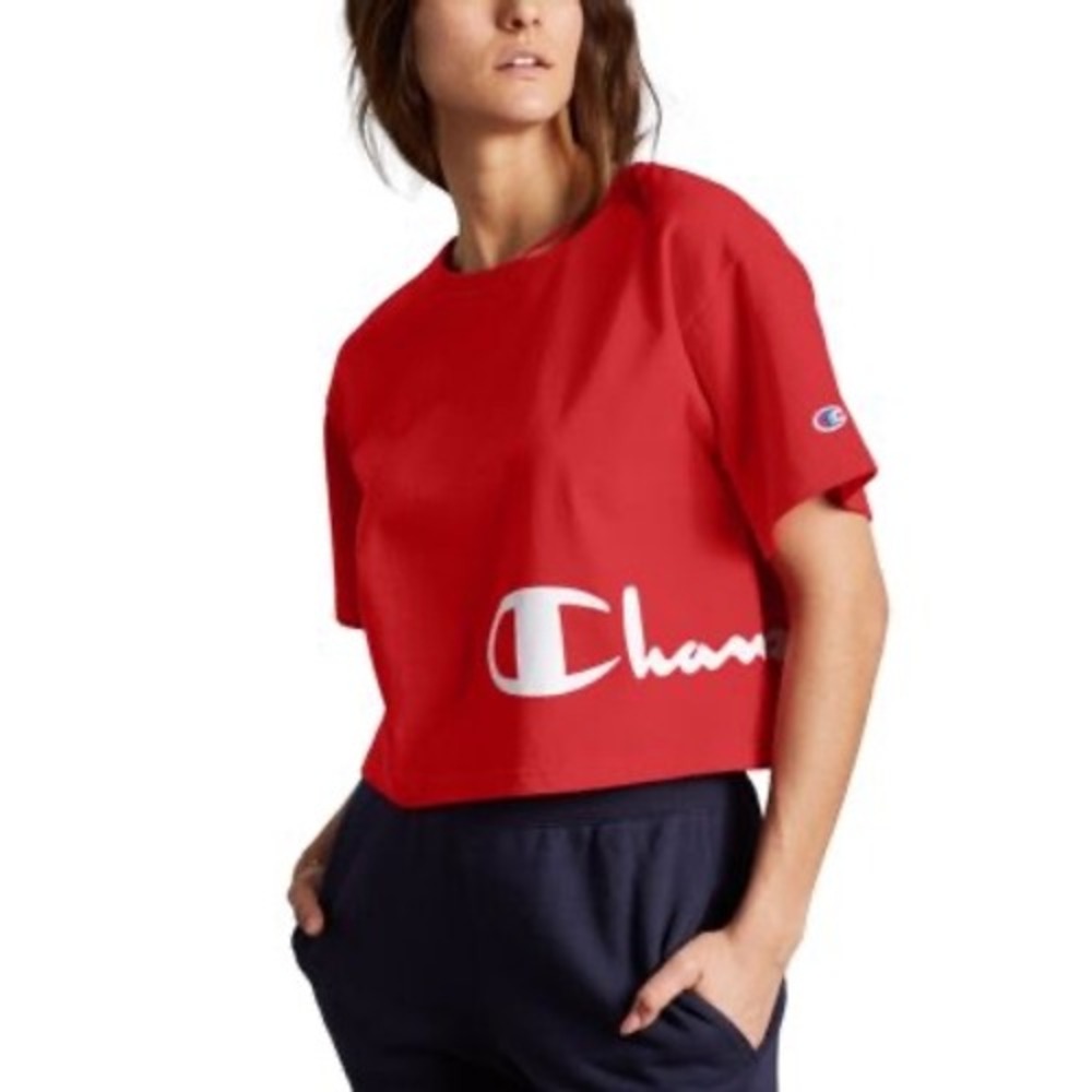 Champion Heritage Script Logo Cropped Red T-shirt Size XS